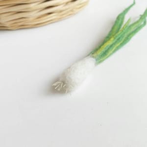 May include: A hand-felted green onion with a white bulb and green leaves. The onion is made of wool and is a realistic representation of a real onion.