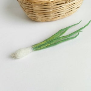 May include: A hand-felted green onion with a white bulb. The onion is made of wool and has a realistic appearance.
