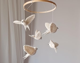 Bird mobile Monochrome baby mobile birds Swallow fiber art installation Kinetic bird hanging Statement home decor Japandi floating sculpture