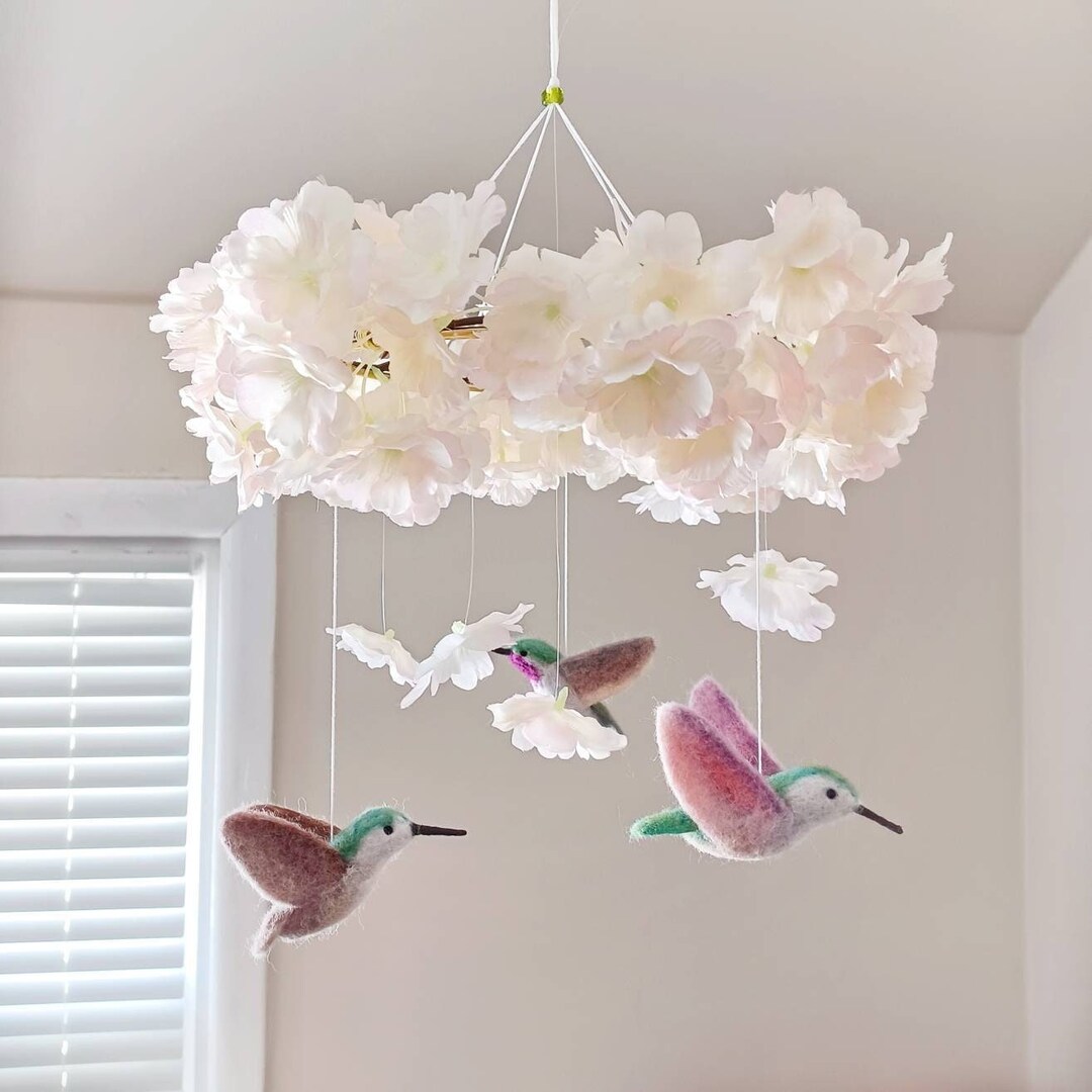 Hummingbird Mobile Felt Bird Mobile Nursery Flower Baby Mobile Girl