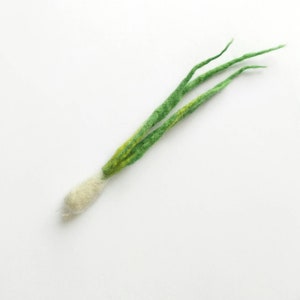 May include: A hand-felted green and yellow scallion with a white bulb.