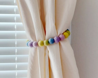 Curtain tie backs nursery Rainbow curtain holdback Girl curtain tiebacks Beaded Pom Pom ties Felt ball drapery holder