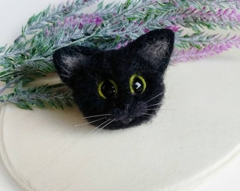 Needle felted cat brooch Witch black cat jewelry Felt black cat broach Wool kitten brooch pin Needle felted animal Cat Lover gift women