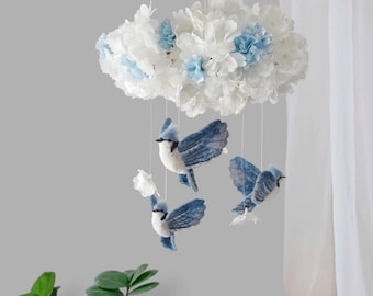 Bird mobile Blue jay bird baby mobile nursery Flower baby mobile girl Felted crib mobile Floral mobile Whimsical heirloom baby gift boy