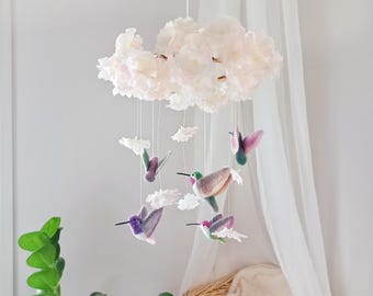 Hummingbird mobile Baby mobile Bird mobile nursery Pink flower baby mobile girl Crib mobile Floral mobile Whimsical garden theme nursery