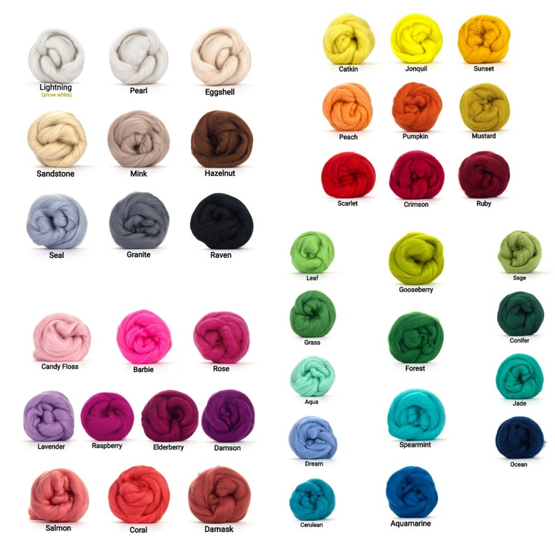 May include: A collection of wool roving bundles arranged in a grid, showcasing a wide spectrum of colors including white, gray, brown, black, pink, red, yellow, orange, green, and blue, each labeled with its specific color name underneath.
