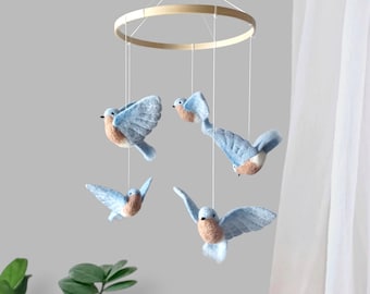 Bluebird baby mobile nursery Felted blue birds mobile crib Nature boy room decor