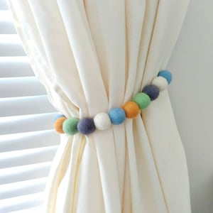 Curtain holdback boy Curtain tie backs nursery Pom pom curtain tiebacks Kids beaded drapery holdback