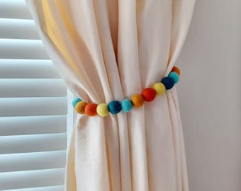 Boho curtain tie backs kids  nursery curtain tiebacks boy Felt ball tieback rainbow Pom pom tiebacks Girls room curtain holdback