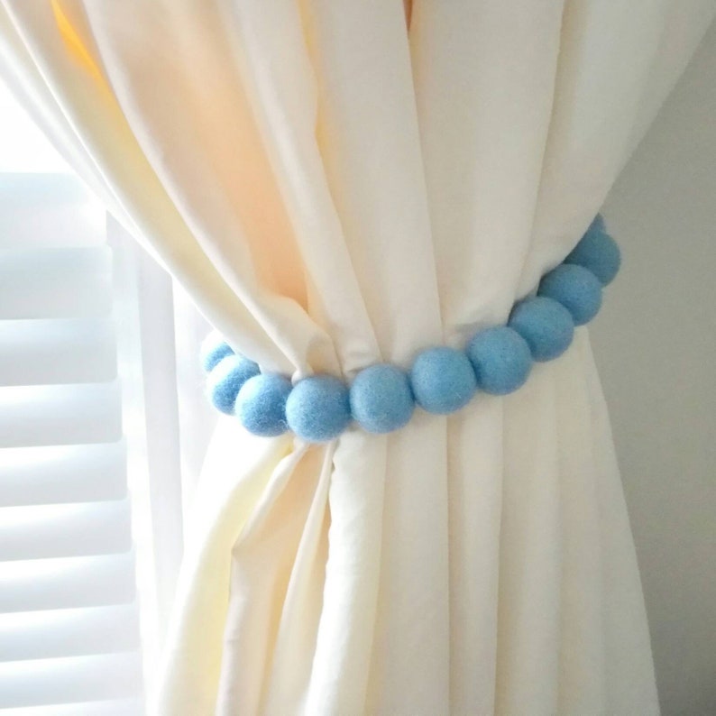 Blue curtain tie backs nursery Boy curtain tiebacks Pom pom Etsy
