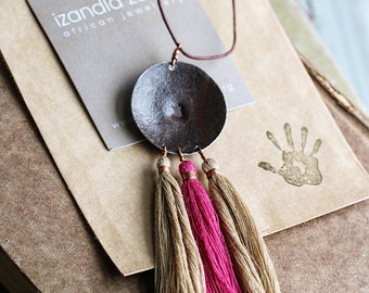 SONA beige - Necklace with round pendant with three colorful tassels - recycled materials and handmade in South Africa
