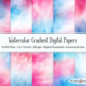 Pink & Blau Farbverlauf Aquarell Digitale Papiere Hintergründe - 10 JPG-Dateien - 300 PPI - 12x12 "- Kommerzielle Nutzung