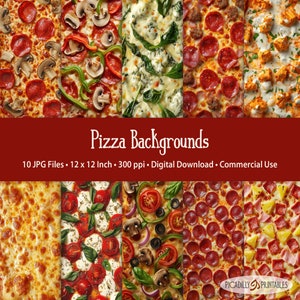 Op de afbeelding: Tien digitale afbeeldingen van verschillende pizzatoppings, waaronder pepperoni, champignons, groene pepers en ananas. Elke afbeelding is 30,5 cm bij 30,5 cm en 300 pixels per inch. De afbeeldingen zijn voor digitaal downloaden en commercieel gebruik.
