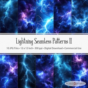 Könnte beinhalten: Zehn digitale nahtlose Muster mit blauen und violetten Blitzen auf einem dunkelblauen Hintergrund. Der Text "Lightning Seamless Patterns II" befindet sich oben im Bild. Der Text "10 JPG Files. 12 x 12 Inch. 300 ppi. Digital Download. Commercial Use" befindet sich unter dem Titel. Der Text "PICADILLY PRINTABLES" befindet sich unten im Bild.