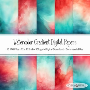 May include: Ten digital papers featuring watercolor gradients in shades of red, pink, and teal. The papers are 12 inches by 12 inches and 300 dpi. They are available for digital download and commercial use.
