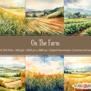 Scènes de ferme et de campagne - Arrière-plans aquarelle pour scrapbooking, journaux, collages - 10 images JPG 300 PPI - 5:4 AR - Usage commercial
