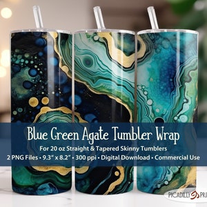 Blue, Green & Black Agate 20oz Tumbler Wraps - Straight and Tapered Skinny Template Sublimation Image - 2 PNG Files 300 PPI - Commercial Use