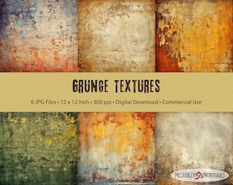 Puede incluir: Seis texturas digitales grunge en varios tonos de marrón, amarillo, verde, azul y rojo. Cada textura mide 12 pulgadas por 12 pulgadas y 300 píxeles por pulgada. El texto "GRUNGE TEXTURES" se muestra en el centro de la imagen.