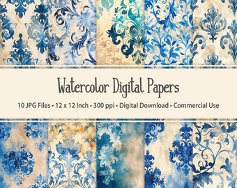 Fondos de damasco en acuarela azul y beige - 10 archivos JPG - 300 ppp - 30x30 cm - Uso comercial permitido