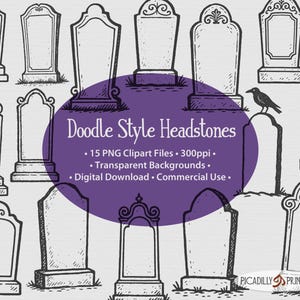 May include: A collection of doodle-style headstone illustrations in black and white. The image includes various shapes and designs of tombstones, with one featuring a perched crow. Text on a purple oval reads "Doodle Style Headstones".