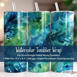 May include: Three 20 ounce straight-sided skinny tumblers with a watercolour design in shades of blue and green. The design features abstract shapes and brushstrokes.