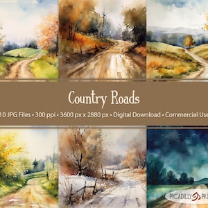 Country Roads - Watercolor Dirt Road Backgrounds For Scrapbooking, Journals, Collages - 10 JPG Images 300 PPI - 5:4 AR - Commercial Use