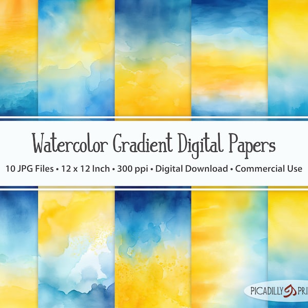 Blue and Yellow Gradient Watercolor Digital Papers Backgrounds - 10 JPG Files - 300 PPI - 12x12" - Commercial Use