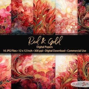Red & Gold Digital Papers - Imagens de fundo para scrapbooking, criação de cartões - 10 arquivos JPG - 300 PPI - 12x12" - Uso comercial