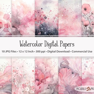 Carte digitali rosa e grigie - Immagini di sfondo acquerellate per scrapbooking, creazione di biglietti - 10 file JPG - 300 PPI - 12x12" - Uso commerciale