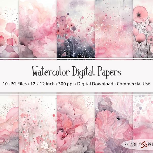 Pink & Gray Digital Papers - Watercolor Background Images for Scrapbooking, Card Making - 10 JPG Files - 300 PPI - 12x12" - Commercial Use