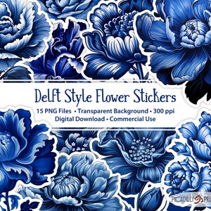 Delft Style Floral Digital Stickers - 15 PNG Files With Transparent Backgrounds - 300 PPI - Blue & White Flowers - Commercial Use