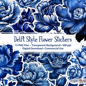 Delft Style Floral Clip Art Aufkleber - 15 PNG-Dateien mit transparenten Hintergründen - 300 PPI - Blaue und weiße Blumen - Kommerzielle Nutzung
