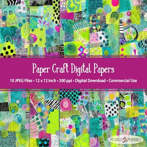 May include: A vibrant collection of digital paper designs. The image showcases a collage of colorful abstract patterns in shades of green, blue, pink, and yellow. The text "Paper Craft Digital Papers" is displayed on a pink banner. The image includes the text "12 x 12 Inch".