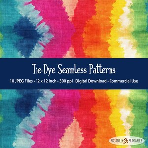 Puede incluir: Un gráfico digital con un vibrante patrón tie-dye multicolor con bandas verticales en verde azulado, magenta, rojo, naranja, amarillo y verde. Una franja azul oscuro muestra el texto: Tie-Dye Seamless Patterns, 10 archivos JPEG, 30,48 x 30,48 cm, 300 ppi, descarga digital, uso comercial.