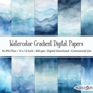 Blau Grau Farbverlauf Aquarell Digitale Papiere - Hintergründe für Scrapbooking, Kartenherstellung - 10 JPG Dateien - 300 PPI - 12x12 "- Kommerzielle Nutzung