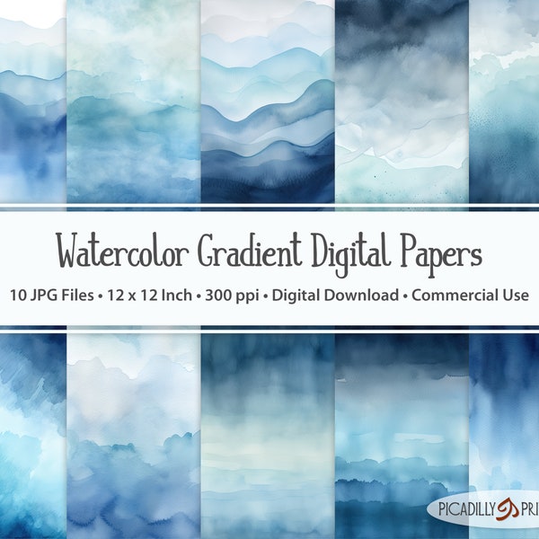 Blue Gray Gradient Watercolor Digital Papers - Backgrounds for Scrapbooking, Card Making - 10 JPG Files - 300 PPI - 12x12" - Commercial Use