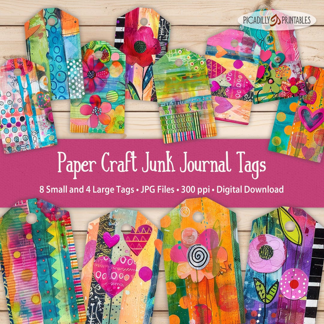 Paper Craft Tags - Colorful Mixed Media Junk Journal Tags - Printable ...