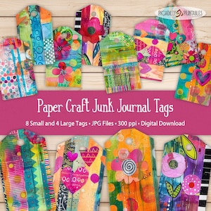 May include: Twelve rectangular paper tags featuring colorful abstract designs with flowers, hearts, and geometric patterns. The text reads Paper Craft Junk Journal Tags, 8 Small and 4 Large Tags, JPG Files, 300 ppi, Digital Download.