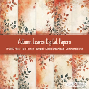 Papeles digitales de hojas de otoño - Imágenes de fondo con temática otoñal de hojas naranjas, rojas y verdes - 10 archivos JPEG - 300 ppp - 30x30 cm - Uso comercial