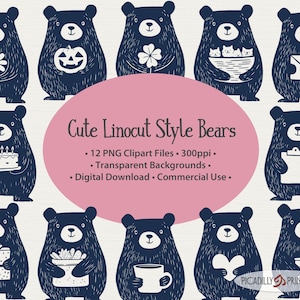 Cute Bears Clip Art - Linocut  Style - 12 PNG Files With Transparent Backgrounds - 300 PPI - Commercial Use
