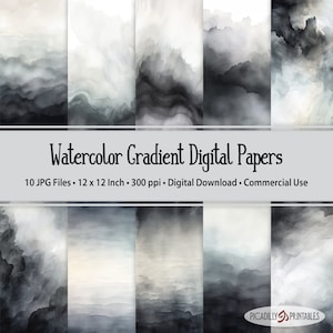 Zwart en grijs kleurverloop aquarel digitale papers - achtergrondafbeeldingen - 10 JPG-bestanden - 300 PPI - 12 x 12" - commercieel gebruik