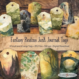 May include: Twelve digital printable tags featuring watercolor illustrations of fantasy landscapes. The tags are designed for use in junk journals and feature a variety of scenes, including mountains, forests, and bridges. The text "Fantasy Realms Junk Journal Tags" is printed at the bottom of the image.