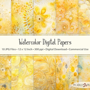 Papeles digitales amarillos - Fondos de acuarela para scrapbooking y tarjetas - 10 archivos JPG - 300 ppp - 30x30 cm - Uso comercial