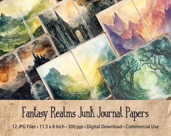 Fantasy Realms Junk Journal Digital Papers - 12 JPG Images 300 PPI - 11" x 8.5" US Letter Size - Commercial Use Allowed