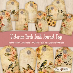 Viktorianische Vögel Tags - 4 große und 8 kleine druckbare Junk Journal Tags - digital druckbare Ephemera - Vögel und Blumen