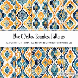 Blau & Gelb Aquarell Musterdesign für Tapeten, Textilien, Geschenkpapier - 10 JPG Bilder - 300 PPI - 30x30 cm - Kommerzielle Nutzung
