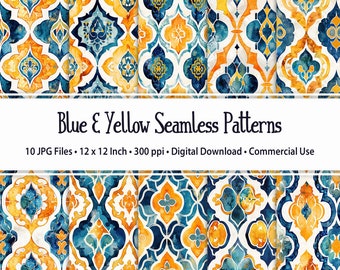 Blue & Yellow Watercolor Seamless Patterns - 10 Repeating Surface Pattern Backgrounds - Digital Download