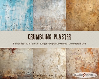 Puede incluir: Seis imágenes digitales de varias texturas de yeso desmoronado en tonos de azul, marrón y blanco. Cada imagen mide 30,5 cm por 30,5 cm y 300 píxeles por pulgada. El texto "CRUMBLING PLASTER" se muestra en la parte superior de la imagen.