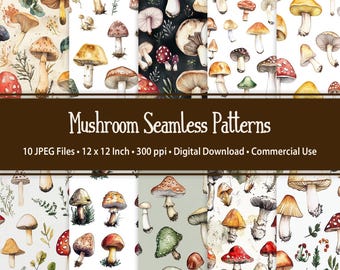 May include: Ten digital seamless patterns featuring watercolor illustrations of mushrooms in various colors and styles. The patterns are perfect for creating digital or printed designs.
