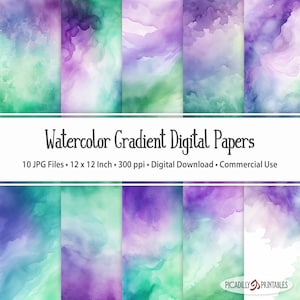 Lila & Grün Farbverlauf Aquarell Digitale Papiere Hintergründe - 10 JPG-Dateien - 300 PPI - 12x12 "- Kommerzielle Nutzung